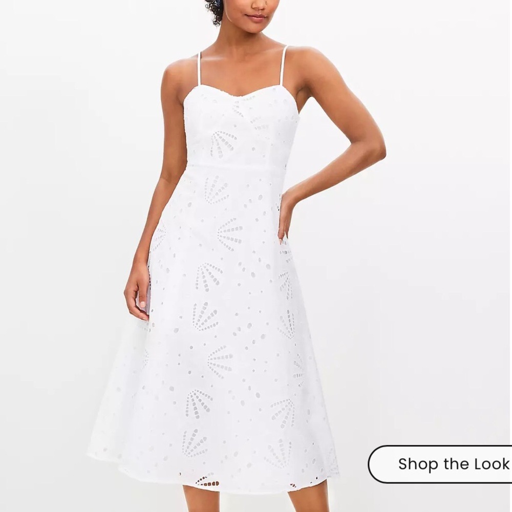 LOFT NWT White Shell Eyelet Cotton Smocking Spaghetti Strap Midi Dress Size 14